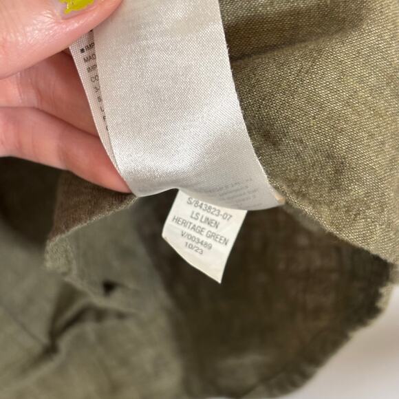 Olive Linen Blend Long Sleeve Button Shirt Relaxed Fit Top | Soft Autumn - Picture 8 of 8